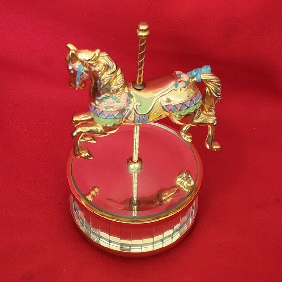 Vintage Musical Golden Metal Horse Revolving Carousel Mirrored Base